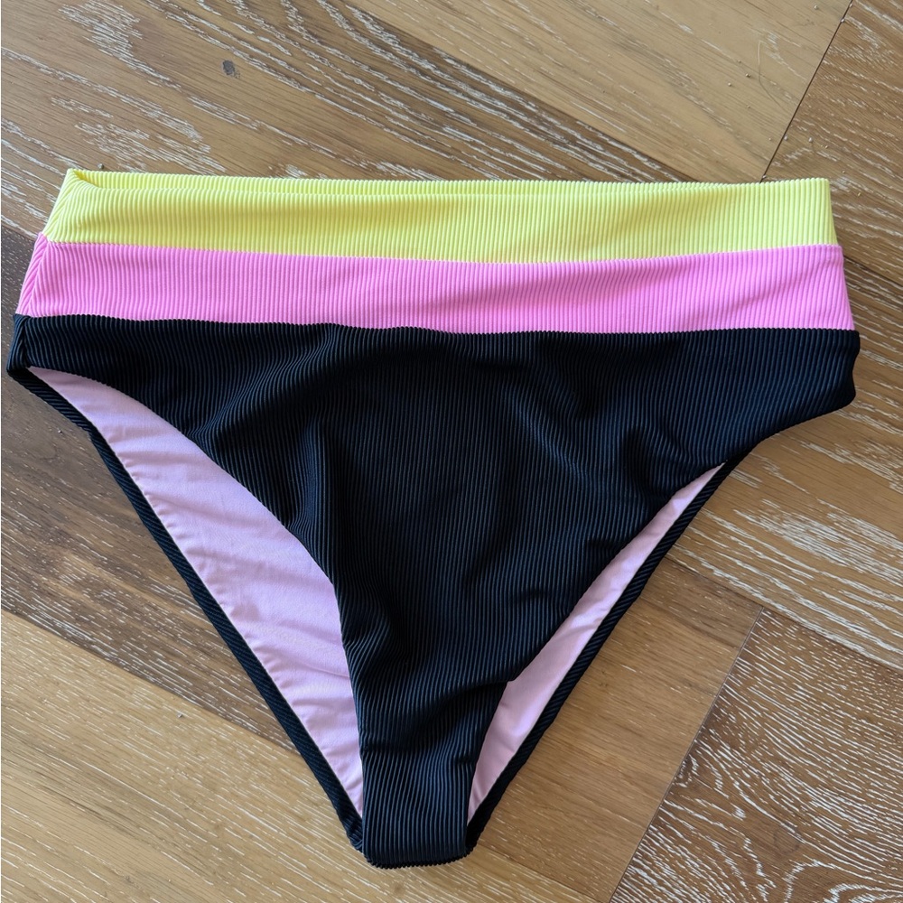 Beach Riot Ribbed High-Rise Bikini Bottom in Black, Pink & Yellow